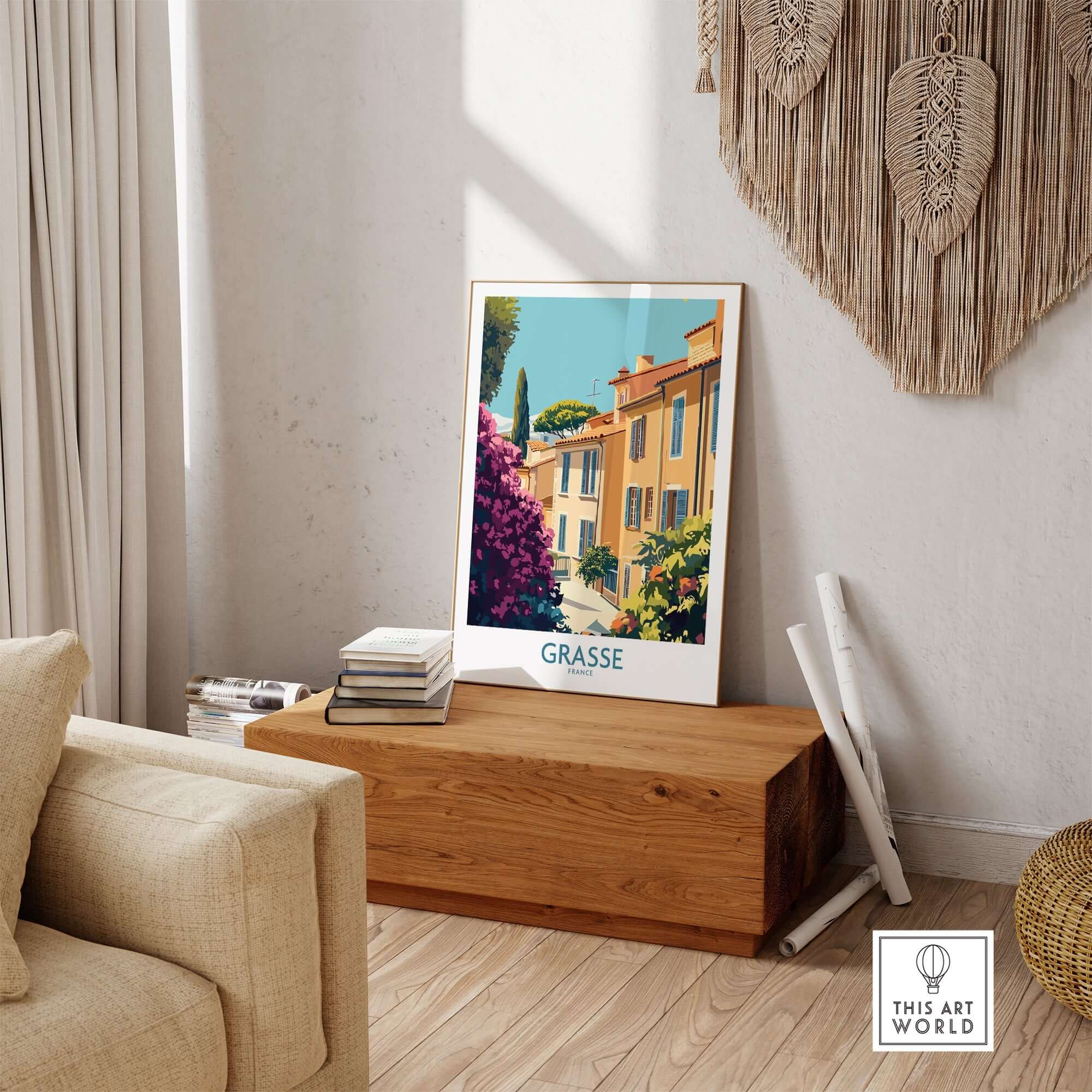 Grasse Wall Art Print France displayed in a cozy living room, showcasing charming architecture and vibrant colors.