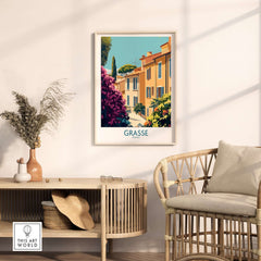 Grasse Wall Art Print France featuring charming streets and architecture in a stylish home setting.