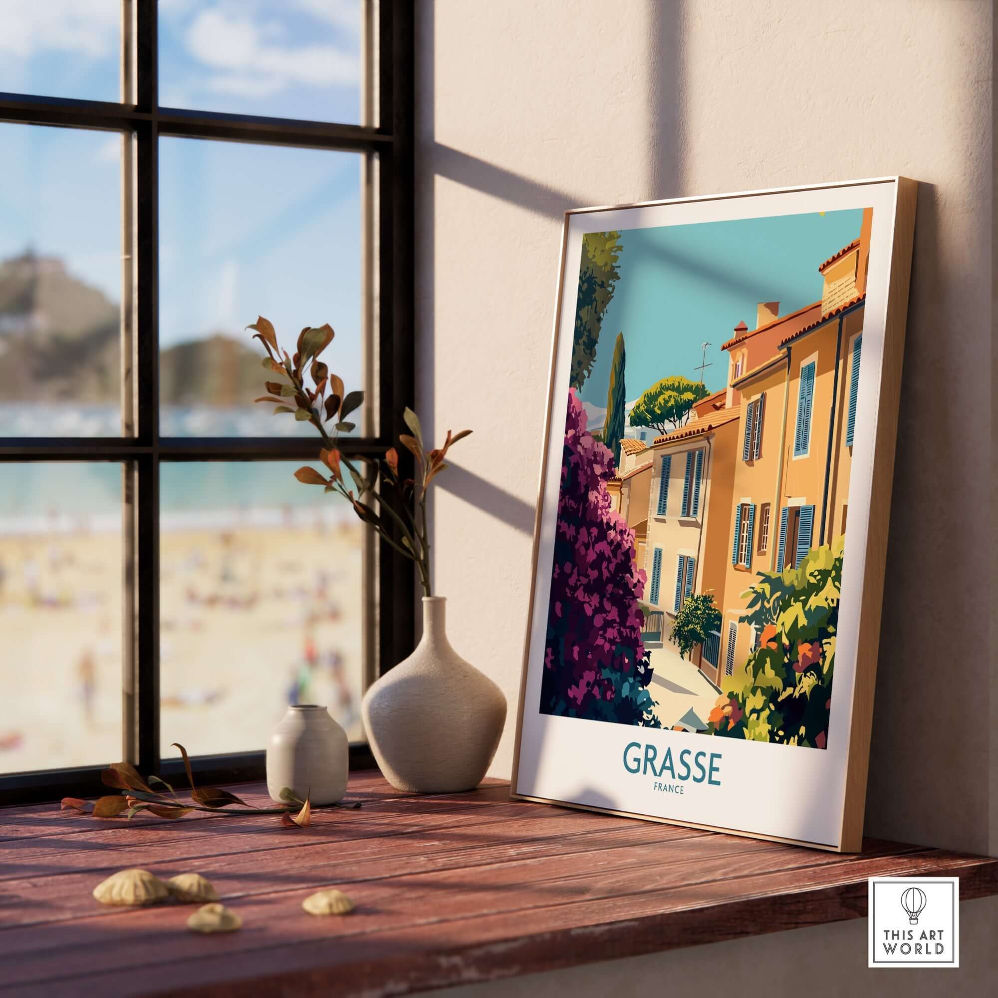Grasse Wall Art Print France showcasing charming architecture and vibrant flowers in a sunny scene.