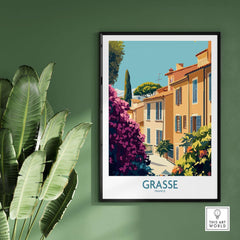 Grasse Wall Art Print France featuring vibrant architecture and lush greenery, perfect for home decor.