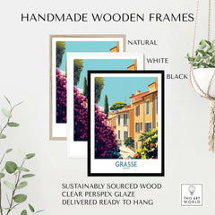 Grasse Wall Art Print France displayed in handmade wooden frames of natural, white, and black colors.