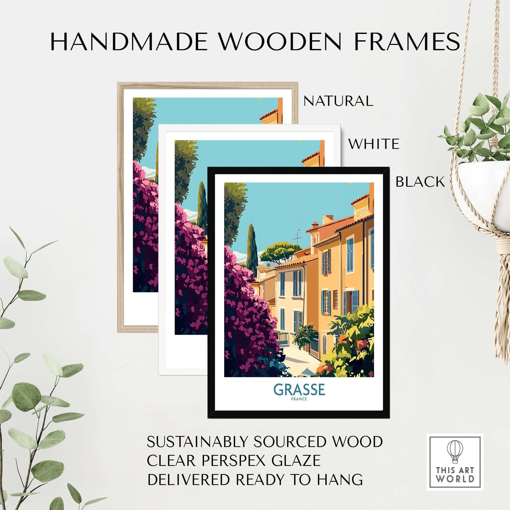 Grasse Wall Art Print France displayed in handmade wooden frames of natural, white, and black colors.