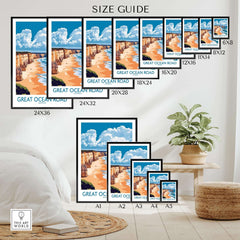 Size guide for Great Ocean Road Travel Poster displaying various print sizes on a stylish interior wall.