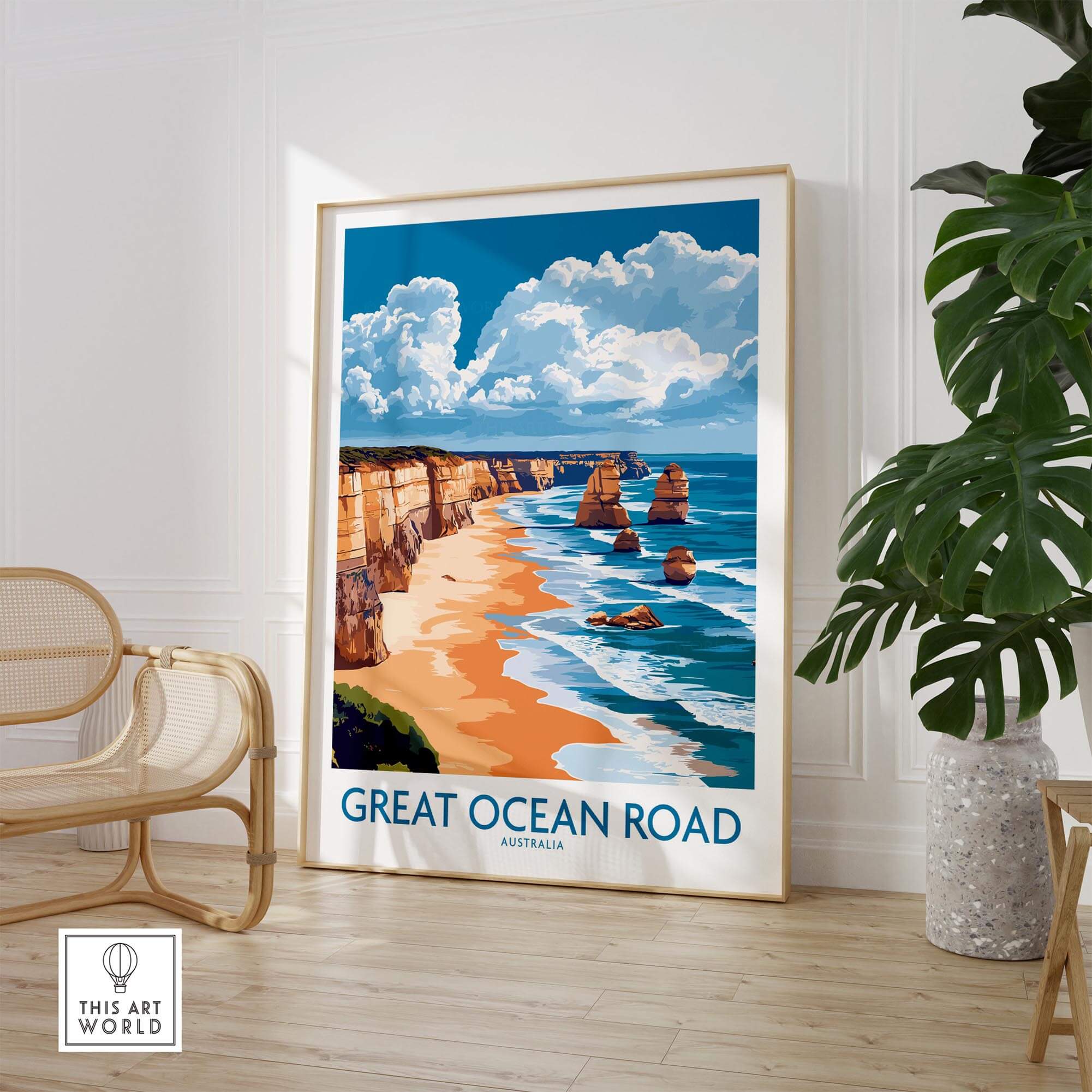 Great Ocean Road Travel Poster depicting stunning coastal scenery and rugged cliffs of Australia.