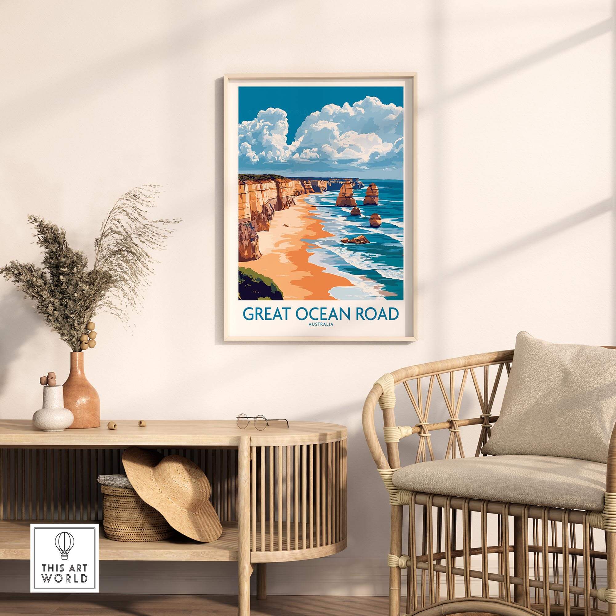 Great Ocean Road Travel Poster showcasing coastal scenery in a stylish home setting with natural decor.