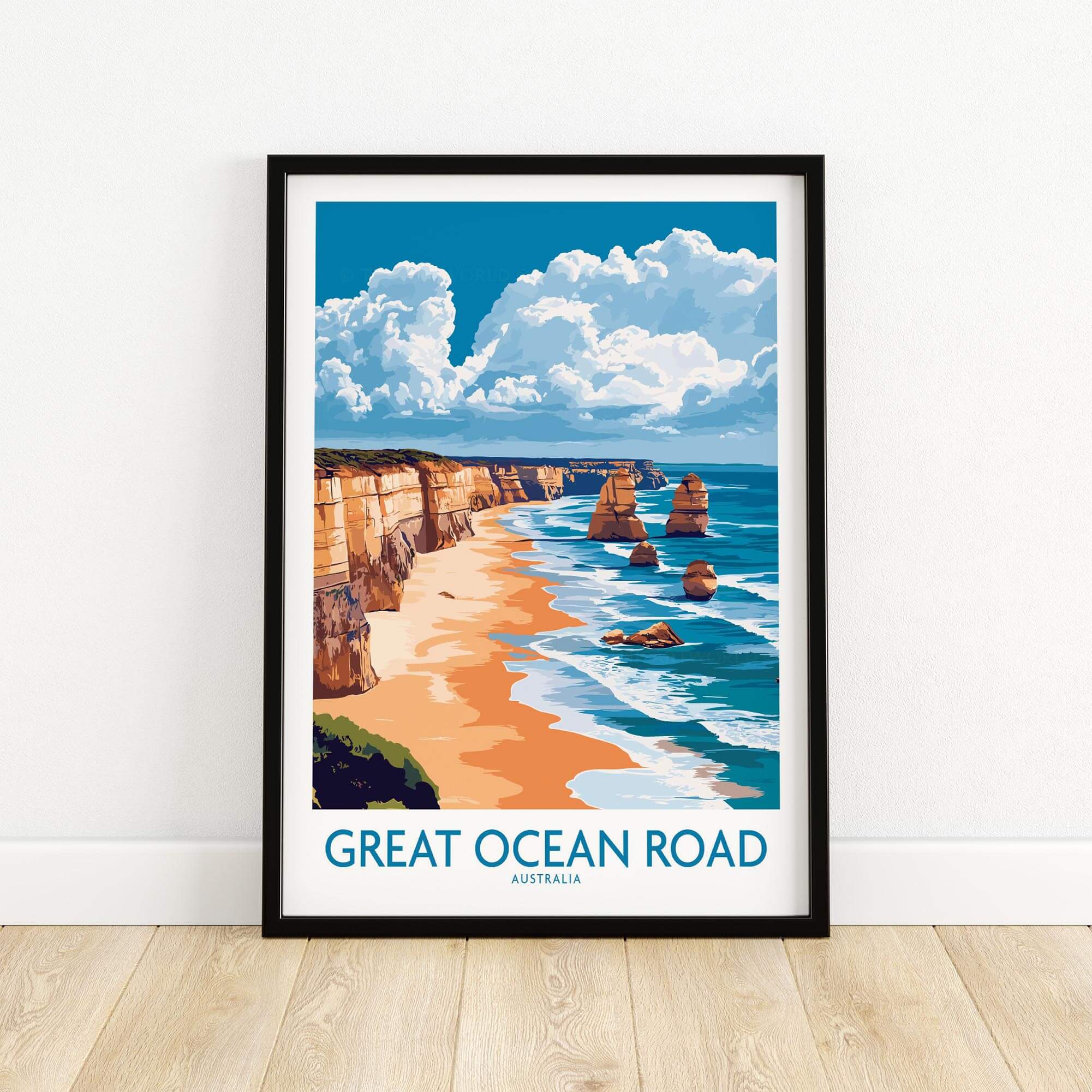Great Ocean Road Travel Poster featuring stunning coastal cliffs and beautiful sandy beach in Australia.