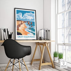Great Ocean Road Travel Poster displayed in a stylish home office, showcasing breathtaking coastal scenery.