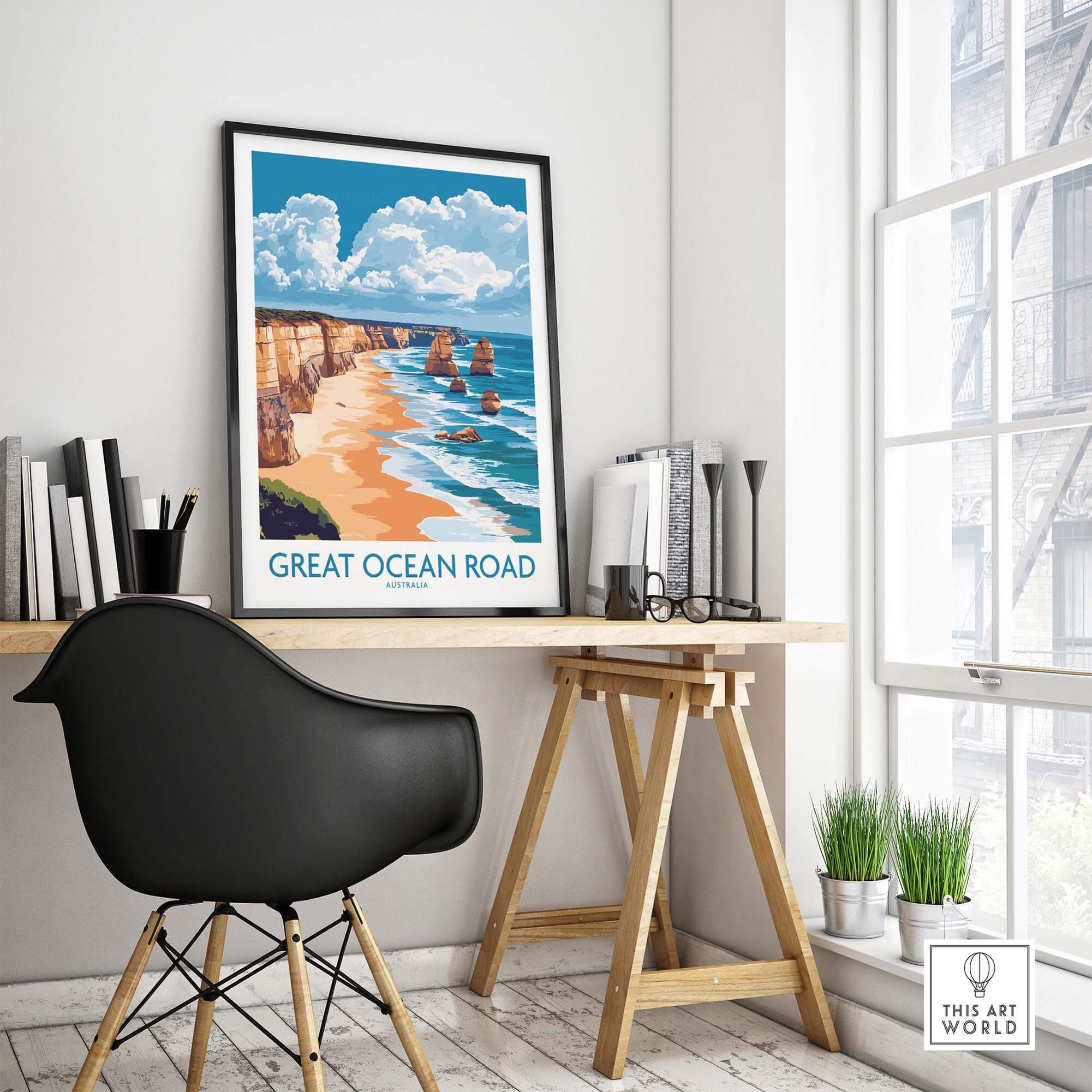 Great Ocean Road Travel Poster displayed in a stylish home office, showcasing breathtaking coastal scenery.