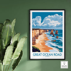 Great Ocean Road Travel Poster showcasing stunning coastal scenery with plant decor.