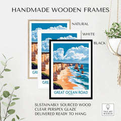 Handmade wooden frames showcasing the Great Ocean Road Travel Poster with natural, white, and black options.