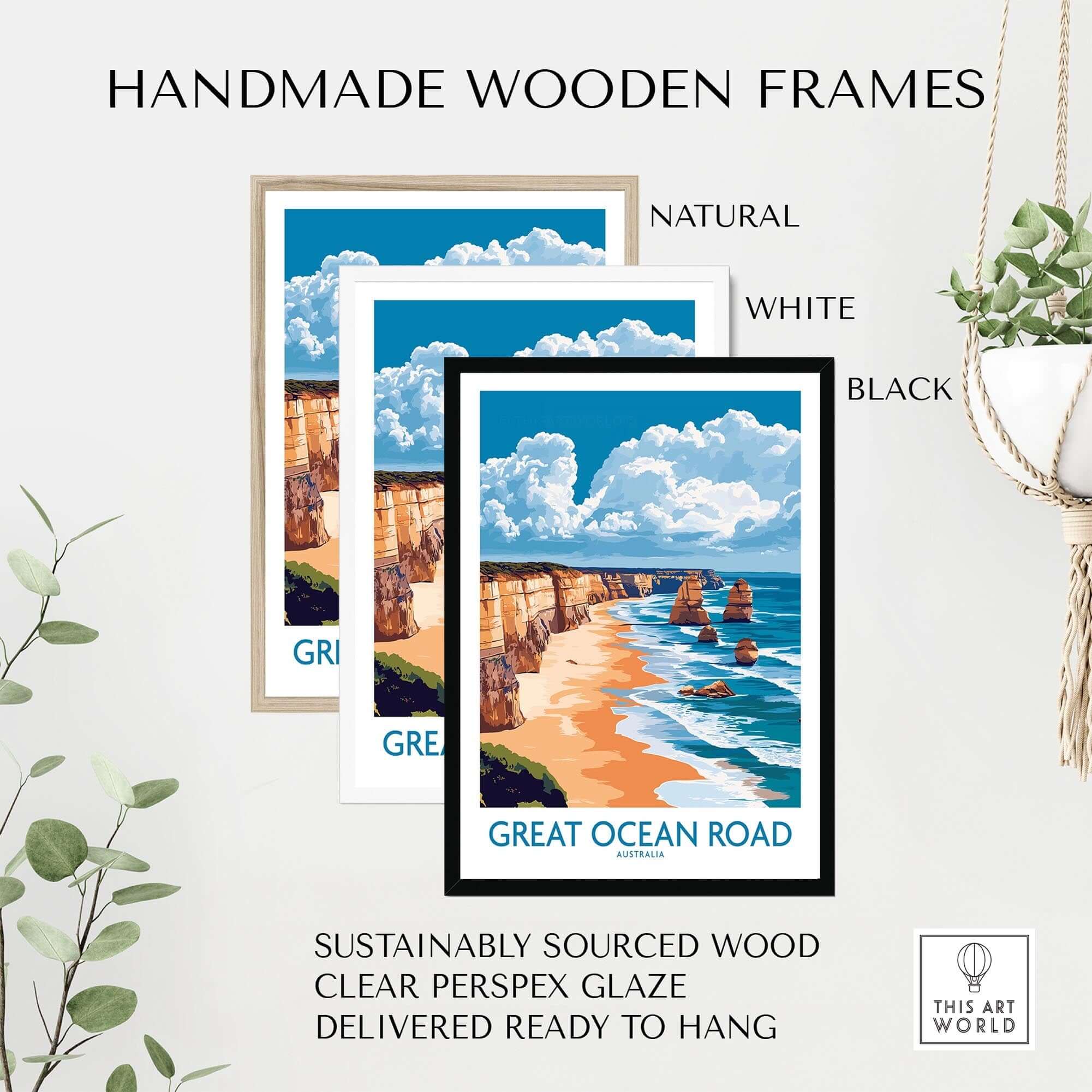 Handmade wooden frames showcasing the Great Ocean Road Travel Poster with natural, white, and black options.