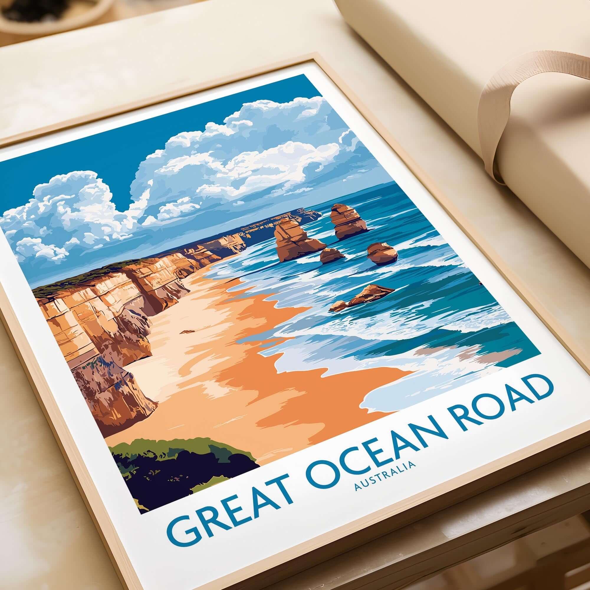 Great Ocean Road Travel Poster featuring stunning coastal scenery of Australia's iconic coastline.