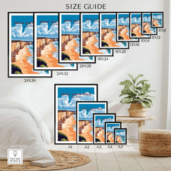 Great Ocean Road Travel Print size guide showcasing various print dimensions and wall art layout options.