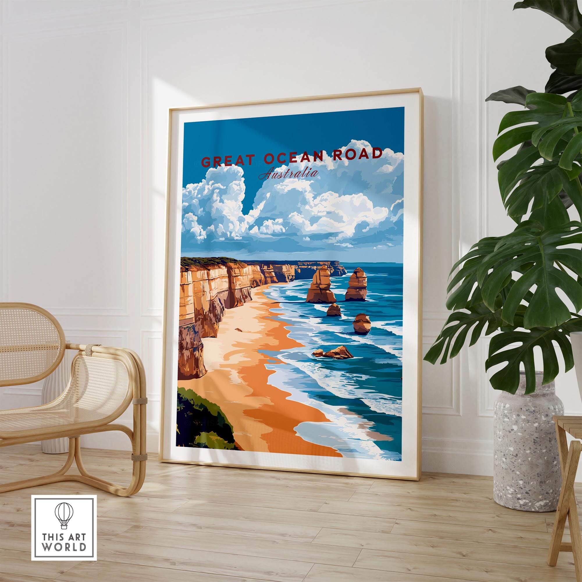 Great Ocean Road Travel Print showcasing the 12 Apostles and scenic coastal views in a stylish interior setting.
