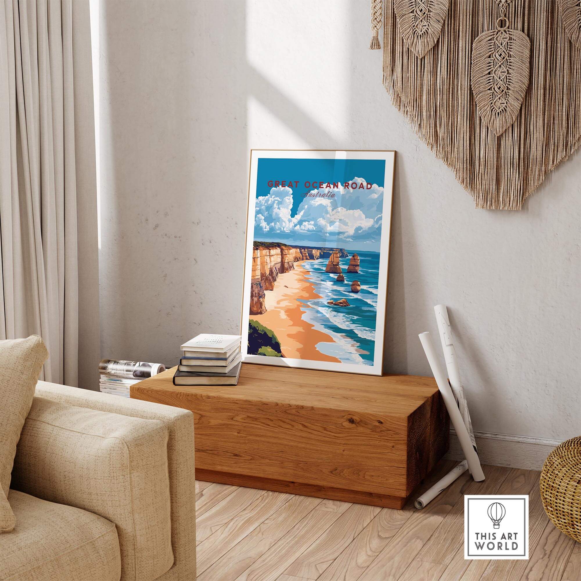 Great Ocean Road Travel Print displayed in a stylish living room, showcasing the stunning coastal scenery of Australia.