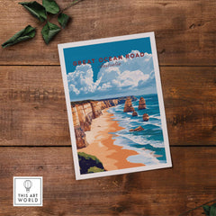 Great Ocean Road Travel Print showcasing the scenic beauty of Australia's coastline and iconic 12 Apostles.