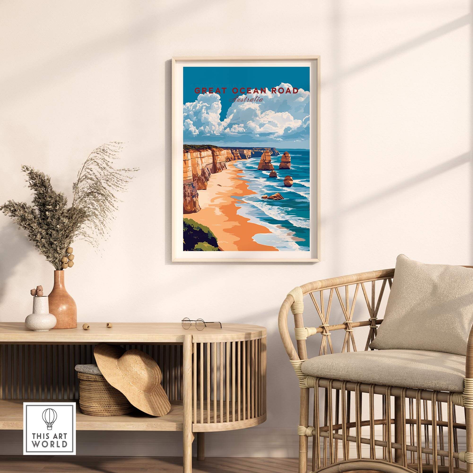 Great Ocean Road Travel Print showcasing the iconic 12 Apostles in a stylish home setting.