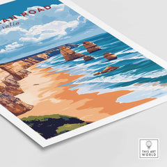 Great Ocean Road Travel Print showcasing the stunning coastal scenery of Australia's iconic 12 Apostles.