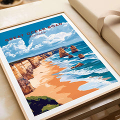 Great Ocean Road Travel Print showcasing the scenic beauty of Australia's coastline and the iconic 12 Apostles.