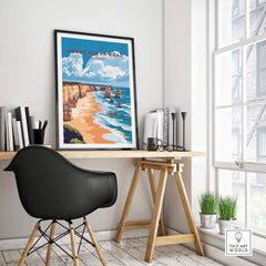 Great Ocean Road Travel Print displayed in a modern workspace, capturing the stunning coastal scenery.