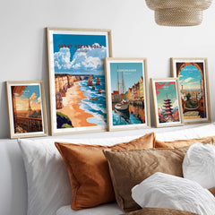 Great Ocean Road Travel Print displayed with other travel posters, showcasing scenic coastal views and vibrant artwork.
