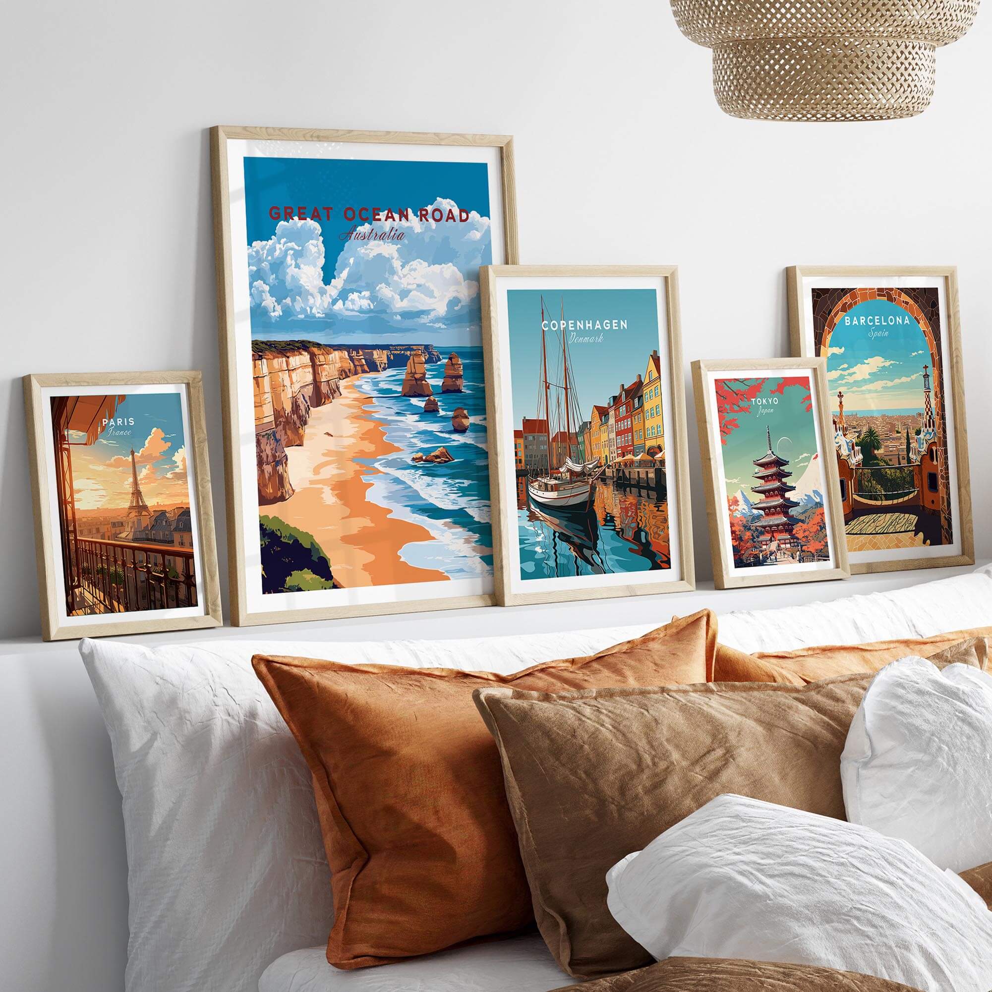 Great Ocean Road Travel Print displayed with other travel posters, showcasing scenic coastal views and vibrant artwork.
