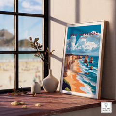 Great Ocean Road Travel Print showcasing the iconic 12 Apostles with a beach view from a sunny window.