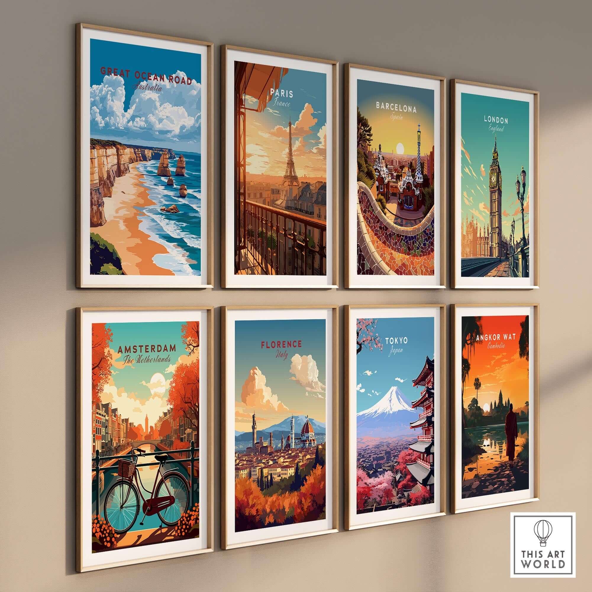 Great Ocean Road Travel Print showcasing vibrant travel art of iconic destinations including 12 Apostles.