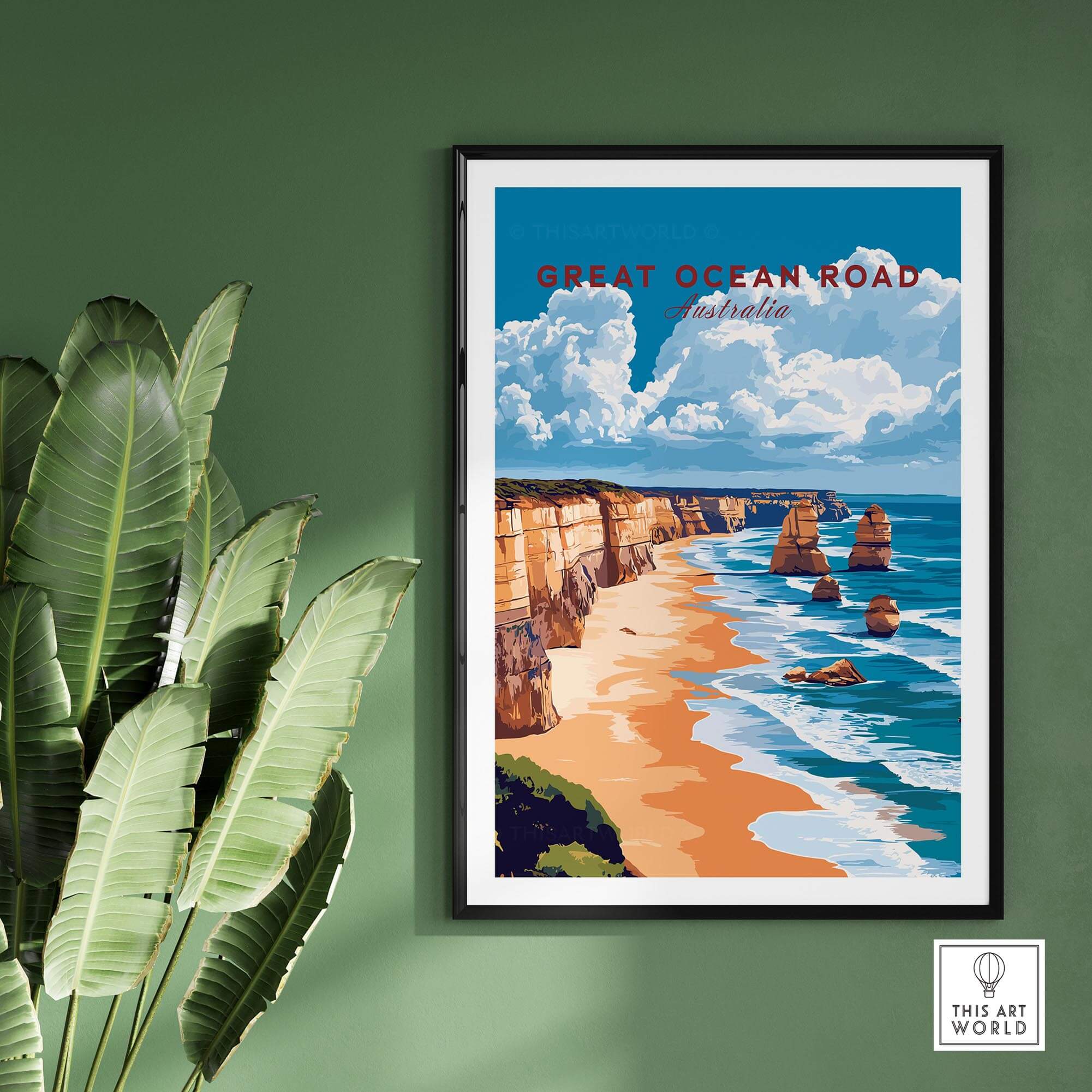 Great Ocean Road Travel Print featuring the iconic coastal scenery of Australia, framed on a green wall.