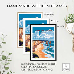 Great Ocean Road Travel Print framed in natural, white, and black handmade wooden frames with coastal artwork.