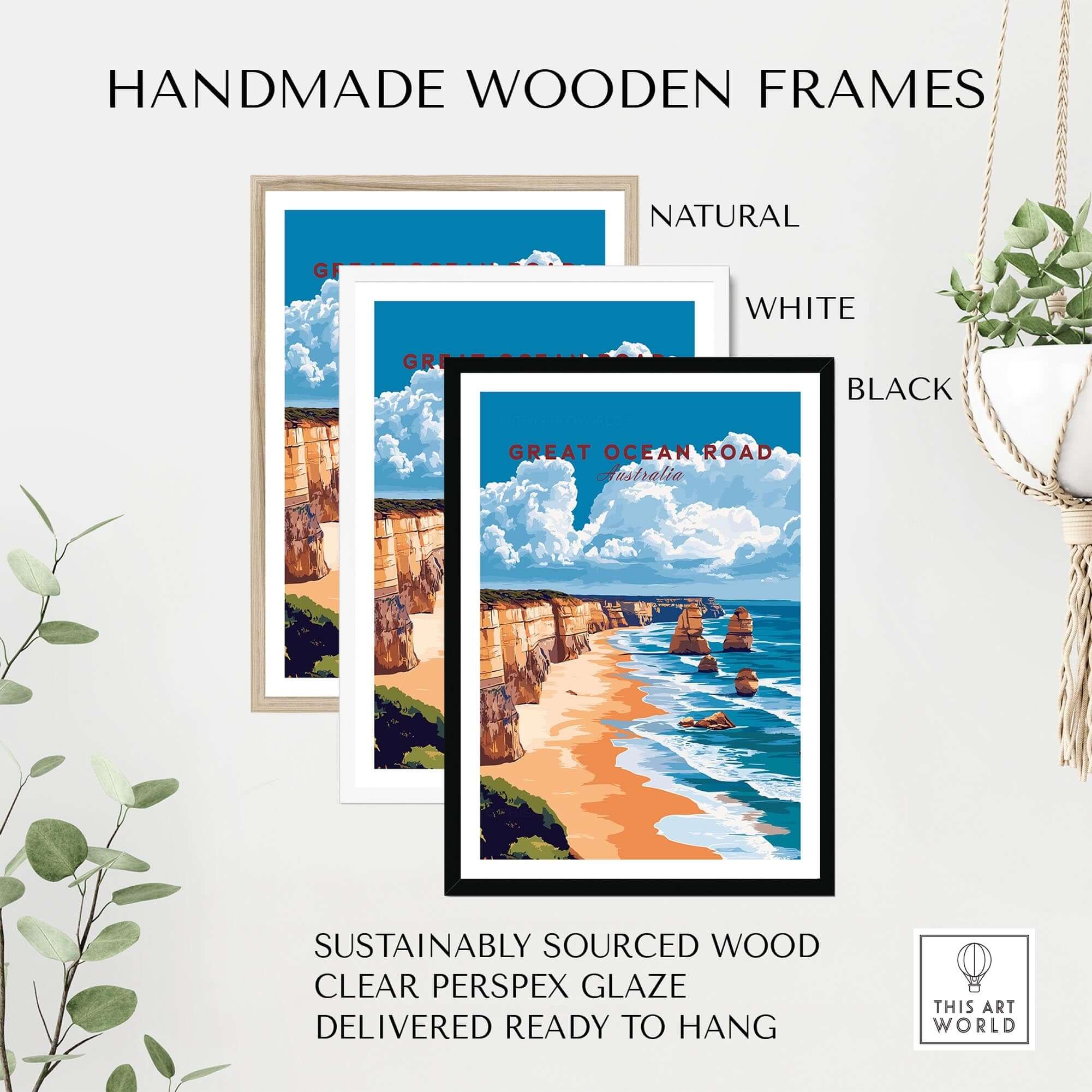 Great Ocean Road Travel Print framed in natural, white, and black handmade wooden frames with coastal artwork.