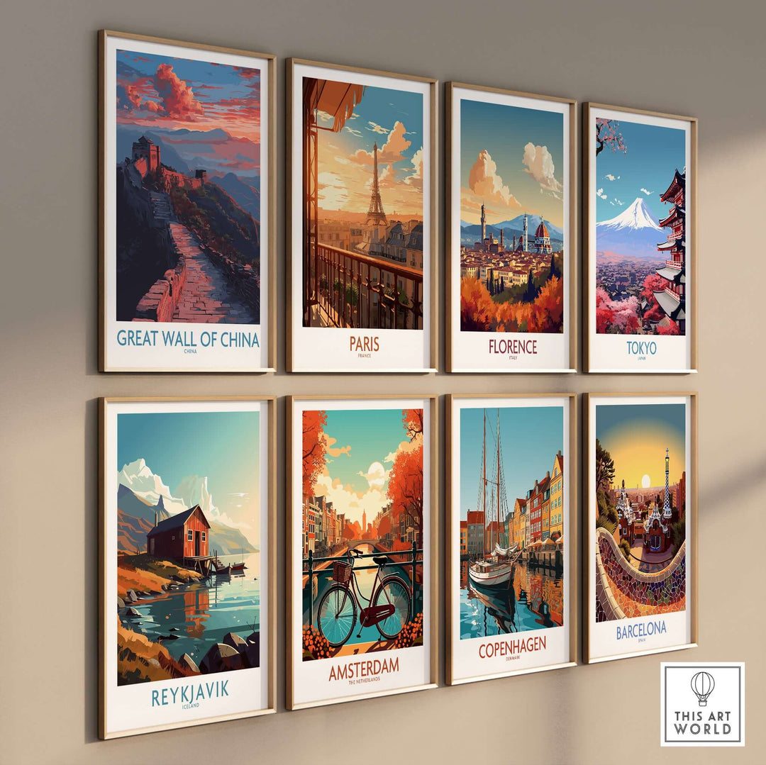 Gallery of cityscape prints featuring the Great Wall of China, Paris, Florence, Tokyo, Reykjavik, Amsterdam, Copenhagen, and Barcelona.
