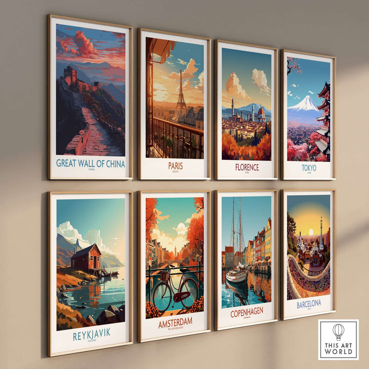 Gallery of cityscape prints featuring the Great Wall of China, Paris, Florence, Tokyo, Reykjavik, Amsterdam, Copenhagen, and Barcelona.