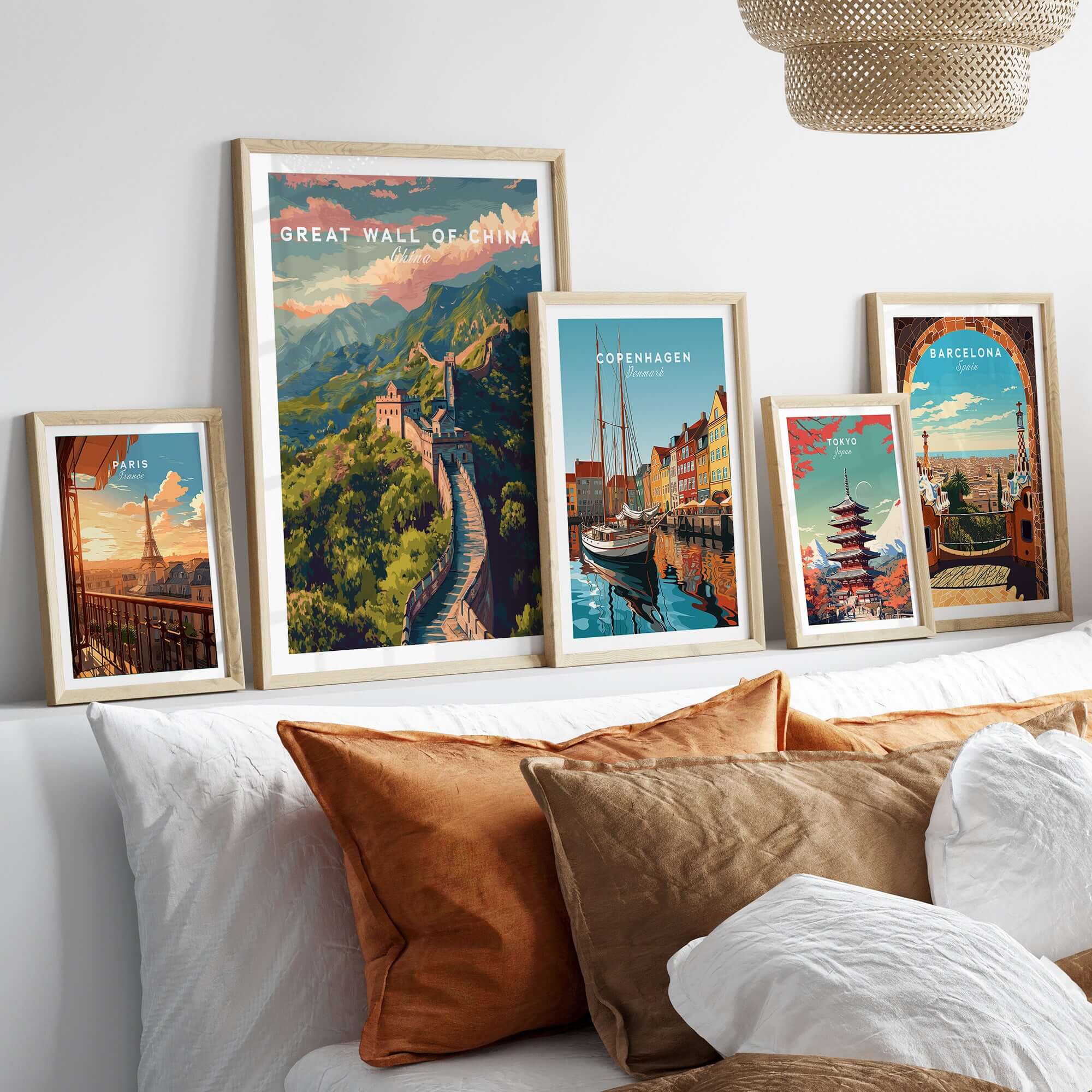 Great Wall of China Ancient Wonder Poster - China Heritage Art Print framed among other travel art prints on a cozy bed.