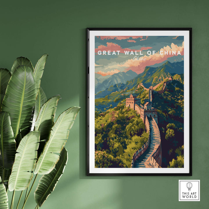 Great Wall of China poster showcasing majestic architecture against a green wall, featuring rugged landscapes and vibrant colors.