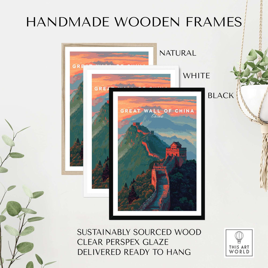 Handmade wooden frames in natural, white, and black showcasing Great Wall of China poster with clear perspex glaze.