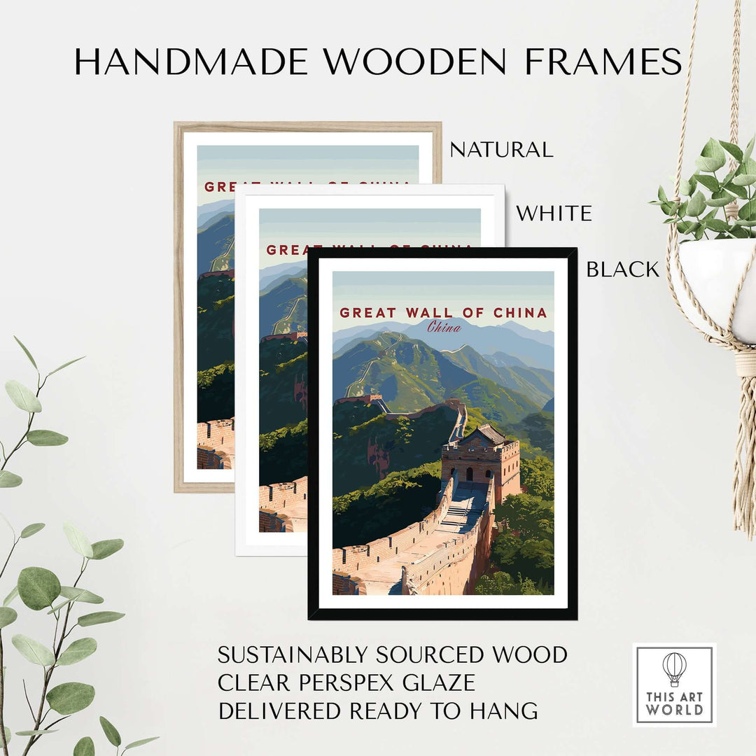 Handmade wooden frames in natural, white, and black colors for Great Wall of China art print, sustainably sourced wood.