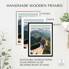 The Great Wall of China Art Print - Scenic Landscape Travel Poster displayed in handmade wooden frames.