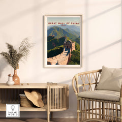 The Great Wall of China Art Print - Scenic Landscape Travel Poster displayed in a stylish room with furniture.