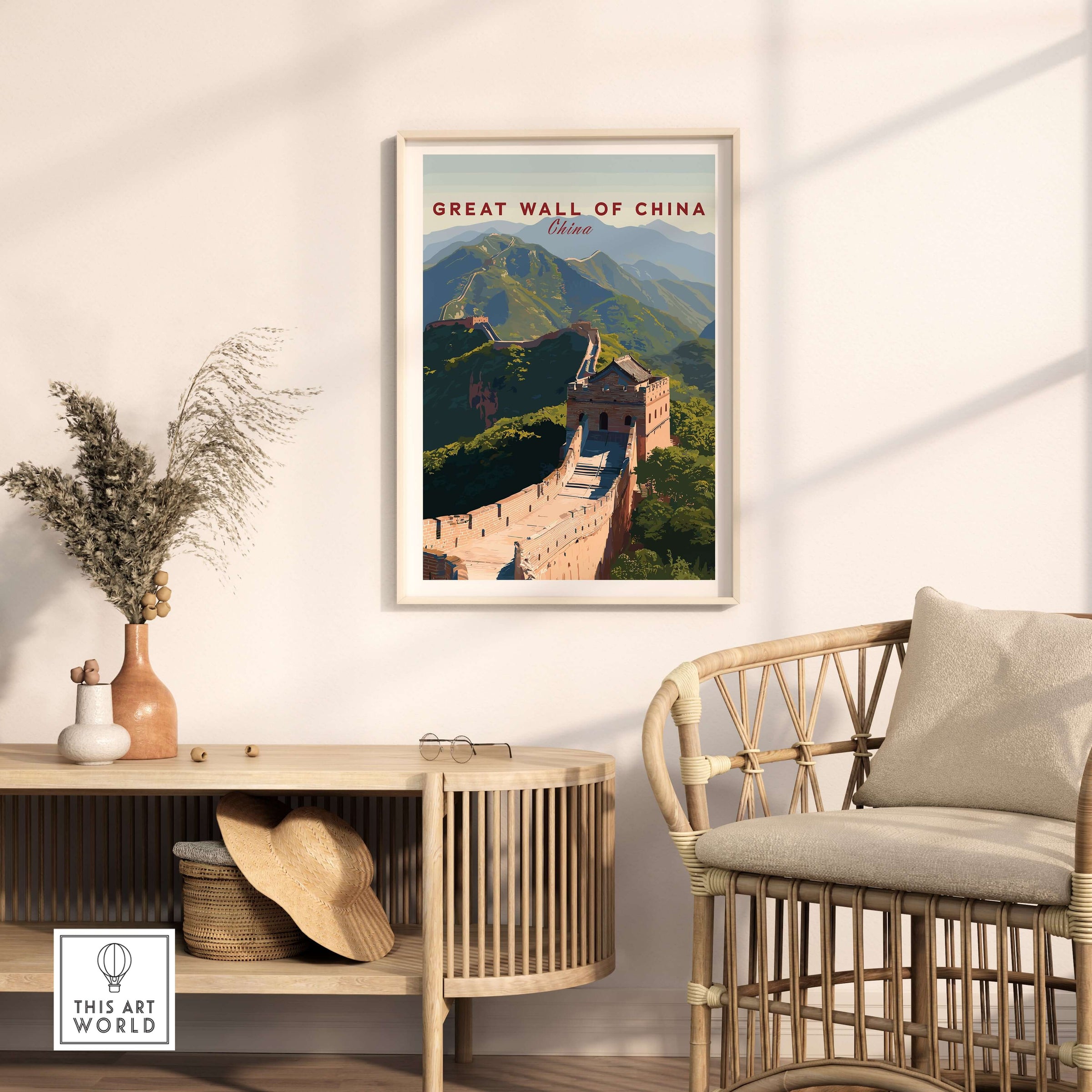 The Great Wall of China Art Print - Scenic Landscape Travel Poster displayed in a stylish room with furniture.