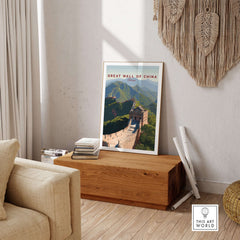 The Great Wall of China Art Print - Scenic Landscape Travel Poster displayed in a cozy living room setting.