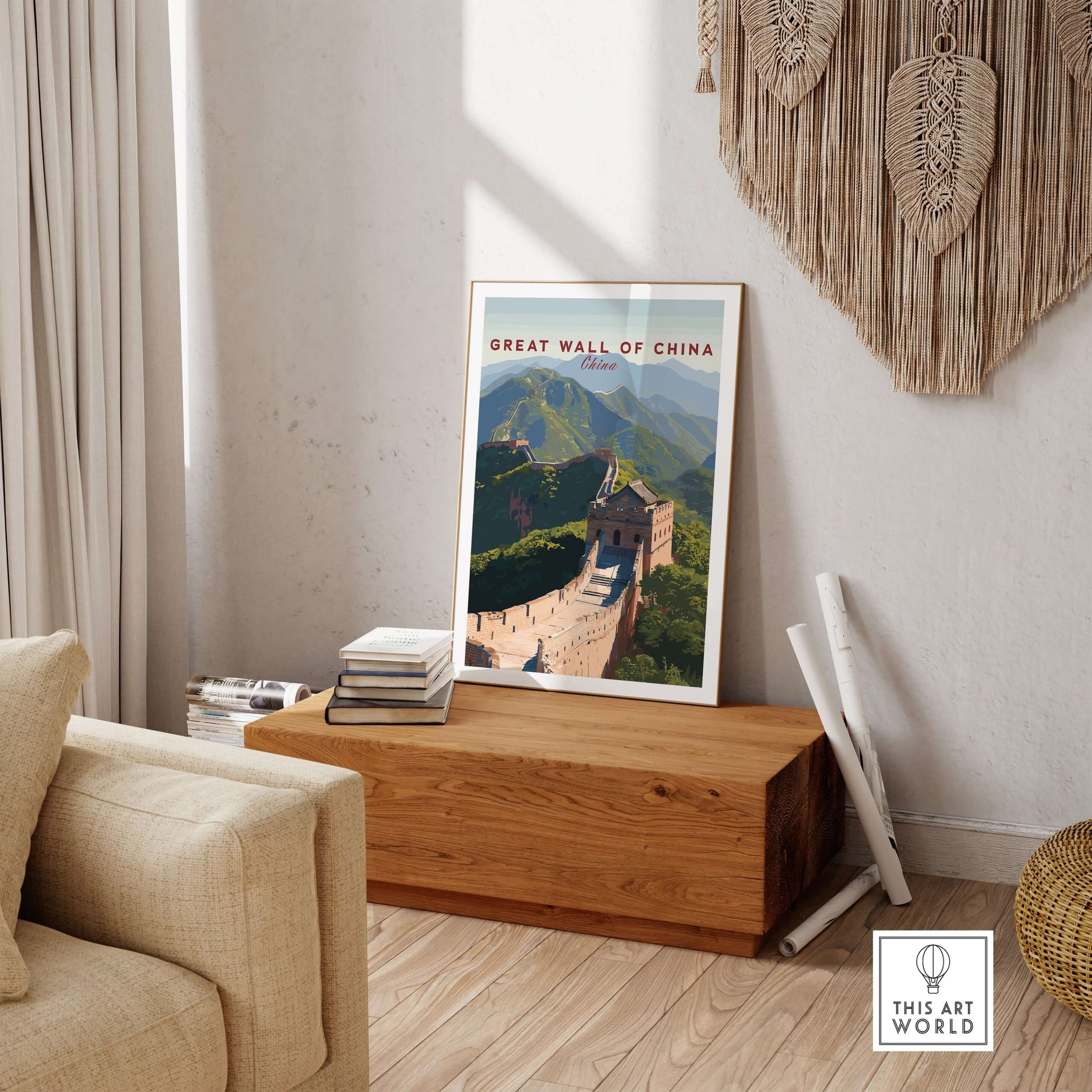The Great Wall of China Art Print - Scenic Landscape Travel Poster displayed in a cozy living room setting.