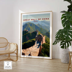 The Great Wall of China Art Print - Scenic Landscape Travel Poster displayed in a modern home setting.