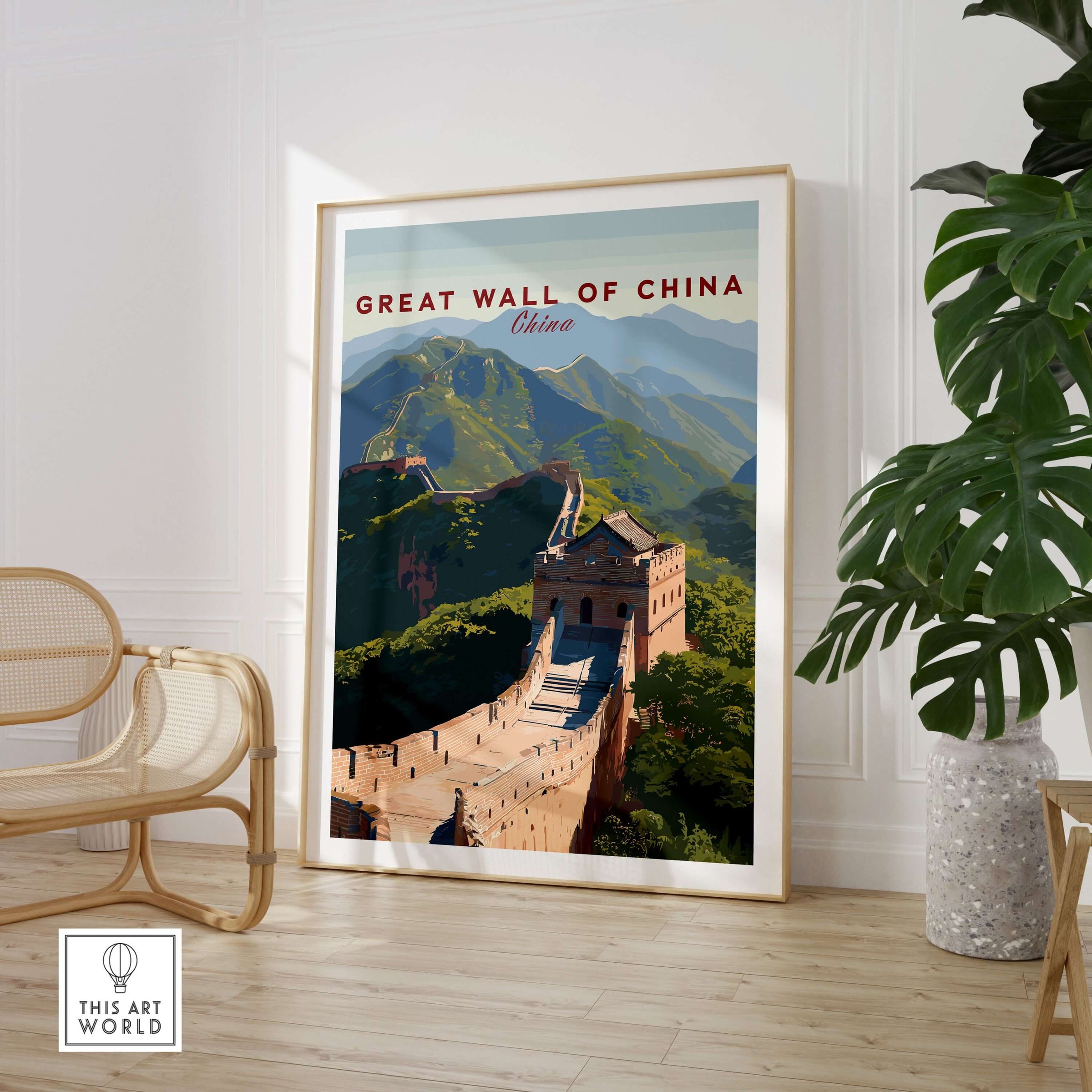 The Great Wall of China Art Print - Scenic Landscape Travel Poster displayed in a modern home setting.