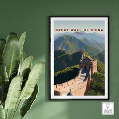 The Great Wall of China Art Print - Scenic Landscape Travel Poster framed on a wall with greenery.
