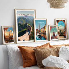The Great Wall of China Art Print - Scenic Landscape Travel Poster displayed with other framed travel art.