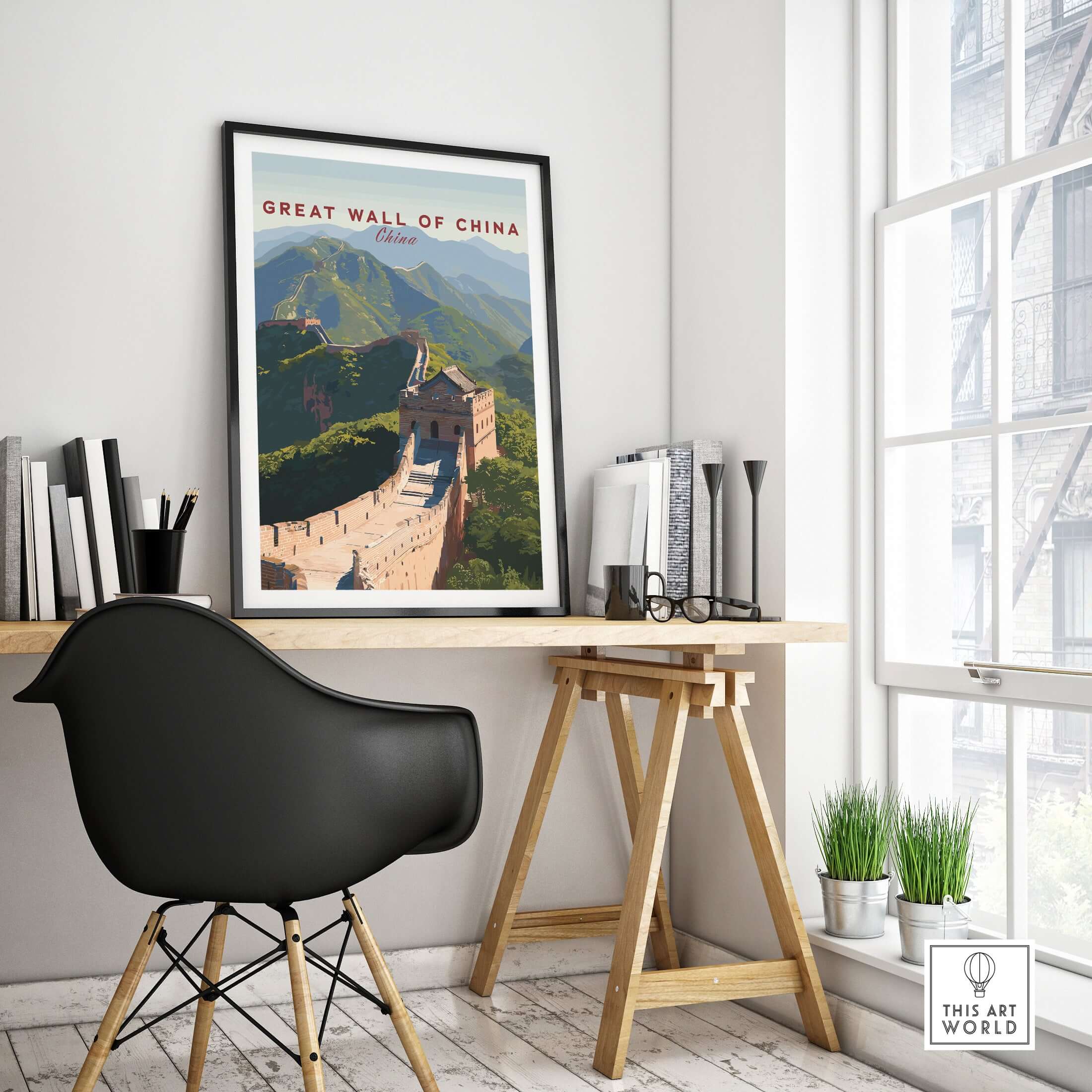 The Great Wall of China Art Print - Scenic Landscape Travel Poster displayed in a modern home office setting.