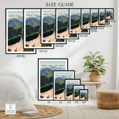 The Great Wall of China Art Print - Scenic Landscape Travel Poster size guide with various print dimensions displayed.