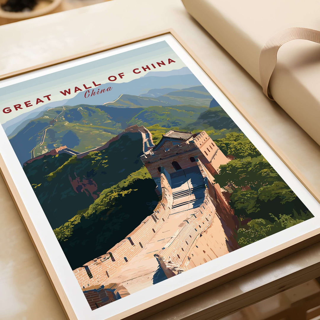Art print of the Great Wall of China, showcasing scenic landscape and mountainous terrain.
