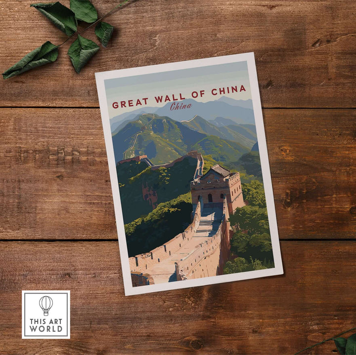 Great Wall of China art print on wooden background, showcasing scenic landscape and historic architecture.